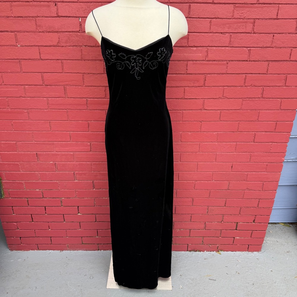 Vtg Dave &‎ Johnny Black Velvet Beaded Spaghetti Strap Maxi Dress Size 7/8 Party